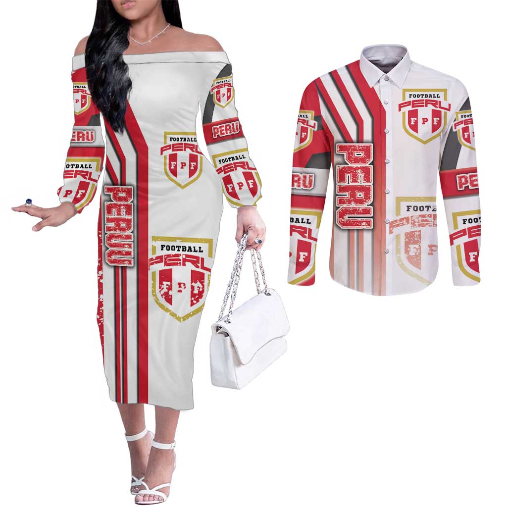 Peru Football Couples Matching Off The Shoulder Long Sleeve Dress and Long Sleeve Button Shirt La Bicolor Soccer - Road To Champion