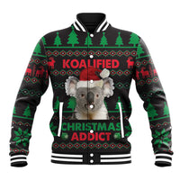 Black varsity jacket with koala face, KOALIFIED and CHRISTMAS ADDICT text, ribbed hem