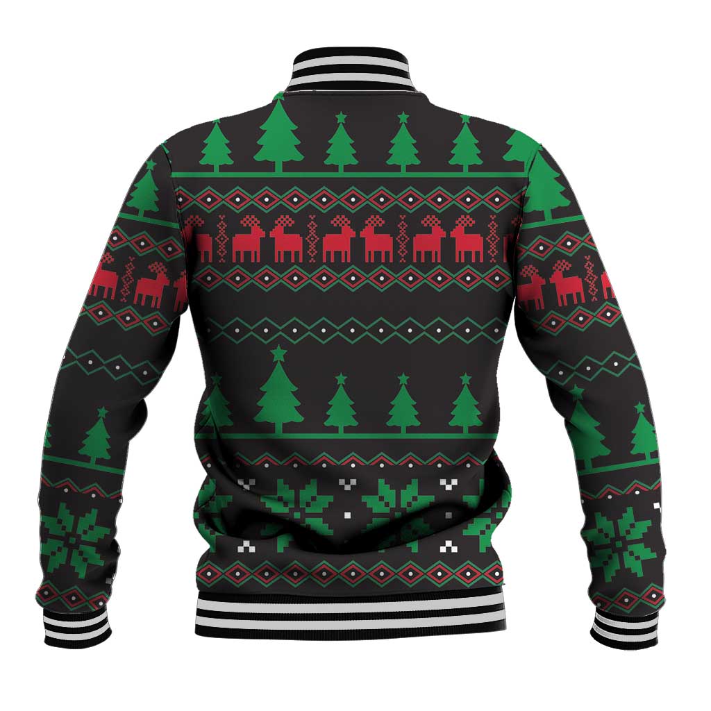 Black baseball jacket with green/red tree and reindeer pattern, ribbed striped cuffs
