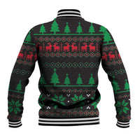 Black baseball jacket with green/red tree and reindeer pattern, ribbed striped cuffs