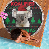 Round koala Christmas blanket with black holiday graphic, fringe trim, and “CHRISTMAS ADDICT”