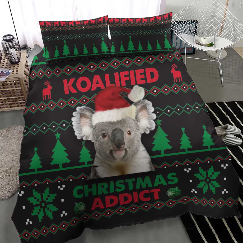 Koala Christmas bedding set with KOALIFIED text, koala in red hat, and green tree print