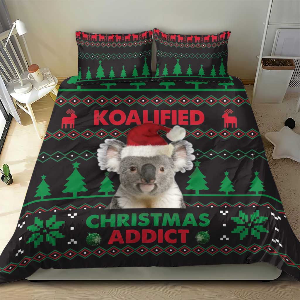 Koala Christmas bedding set with koala in red Santa hat and green tree row pattern