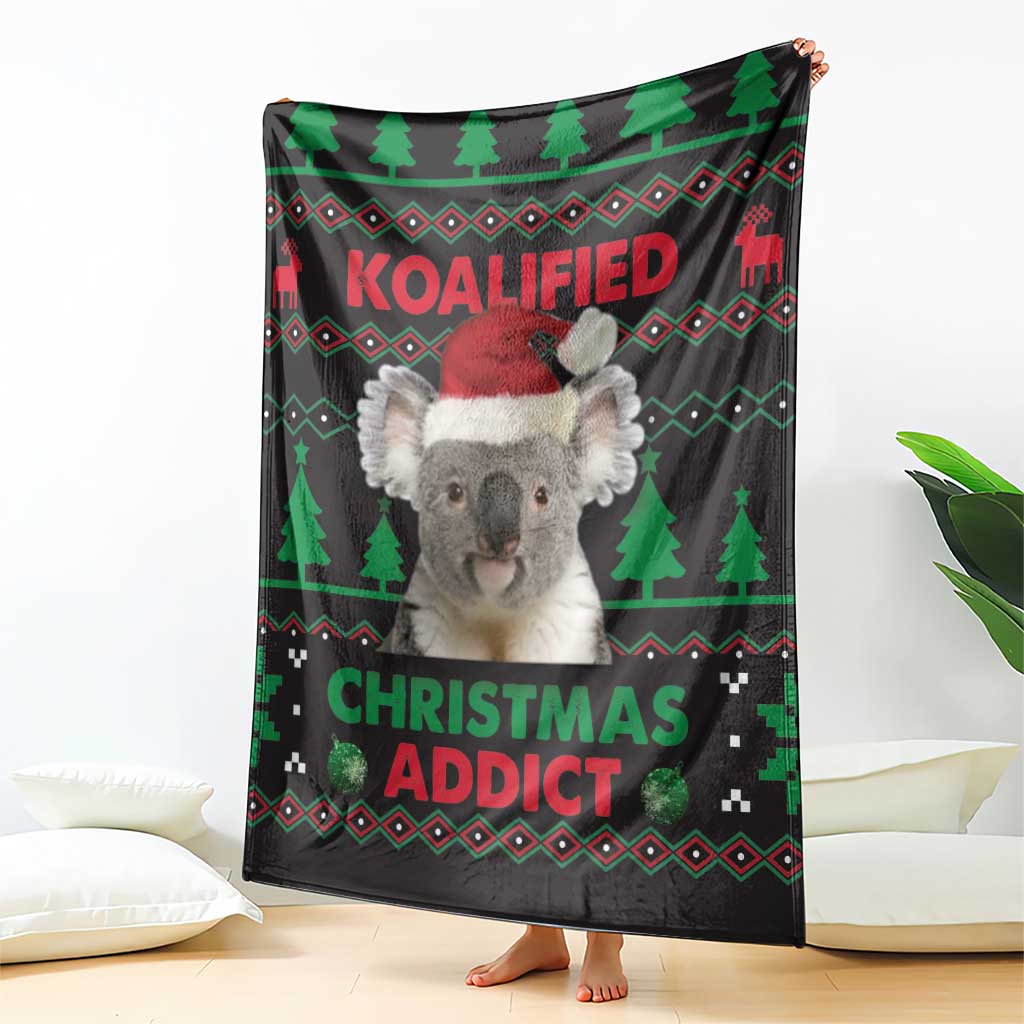Koala Christmas blanket hanging, Santa-hat koala with green trees and “Christmas Addict”