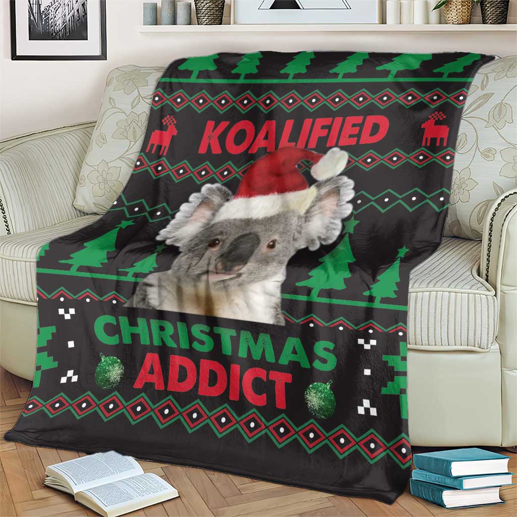 Koala Christmas blanket on armchair, Santa-hat koala with “Christmas Addict” headline