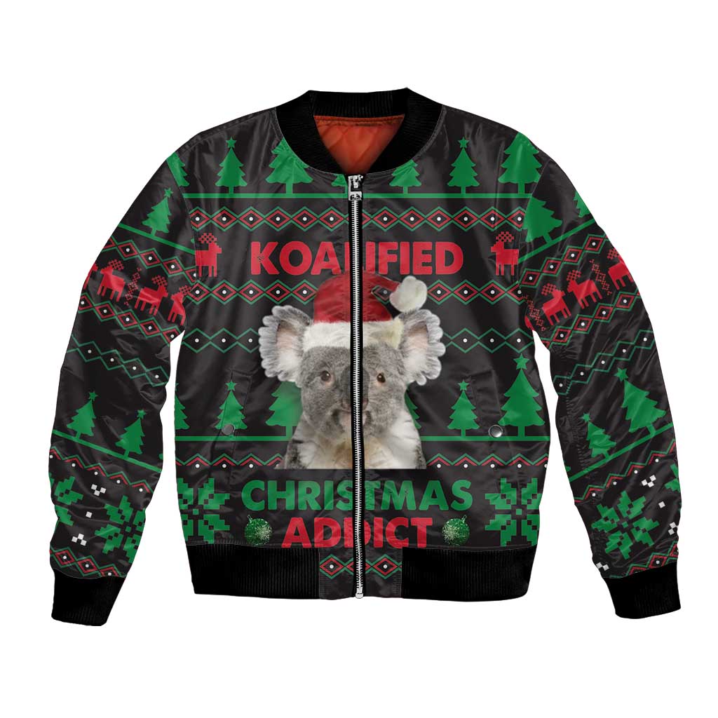 Black unisex bomber jacket with koala and Christmas graphic, zip-front and ribbed cuffs