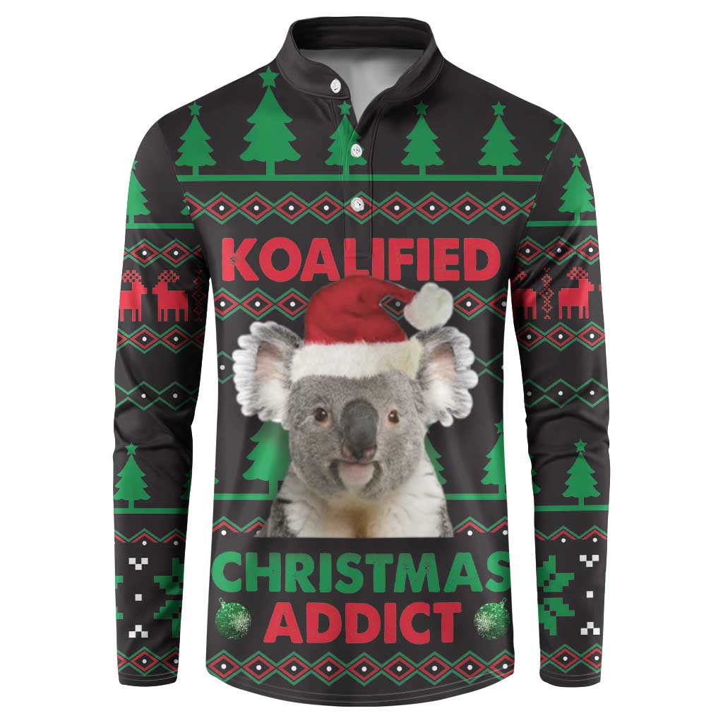 Black koala Christmas button sweatshirt with 'KOALIFIED' and 'CHRISTMAS ADDICT' graphic