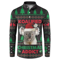 Black koala Christmas button sweatshirt with 'KOALIFIED' and 'CHRISTMAS ADDICT' graphic