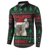 Black koala Christmas button sweatshirt with front koala face and colorful holiday pattern