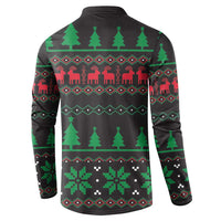 Black back-print koala Christmas button sweatshirt with pine trees and festive patterned band