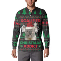 Black koala Christmas button sweatshirt worn with front graphic, collar buttons, and text