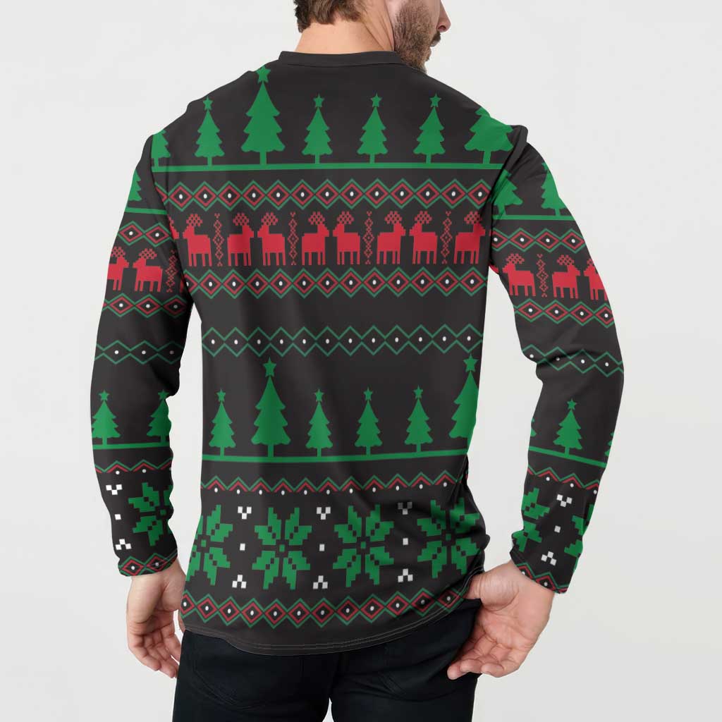 Black koala Christmas button sweatshirt worn, back graphic with pine trees and red reindeer