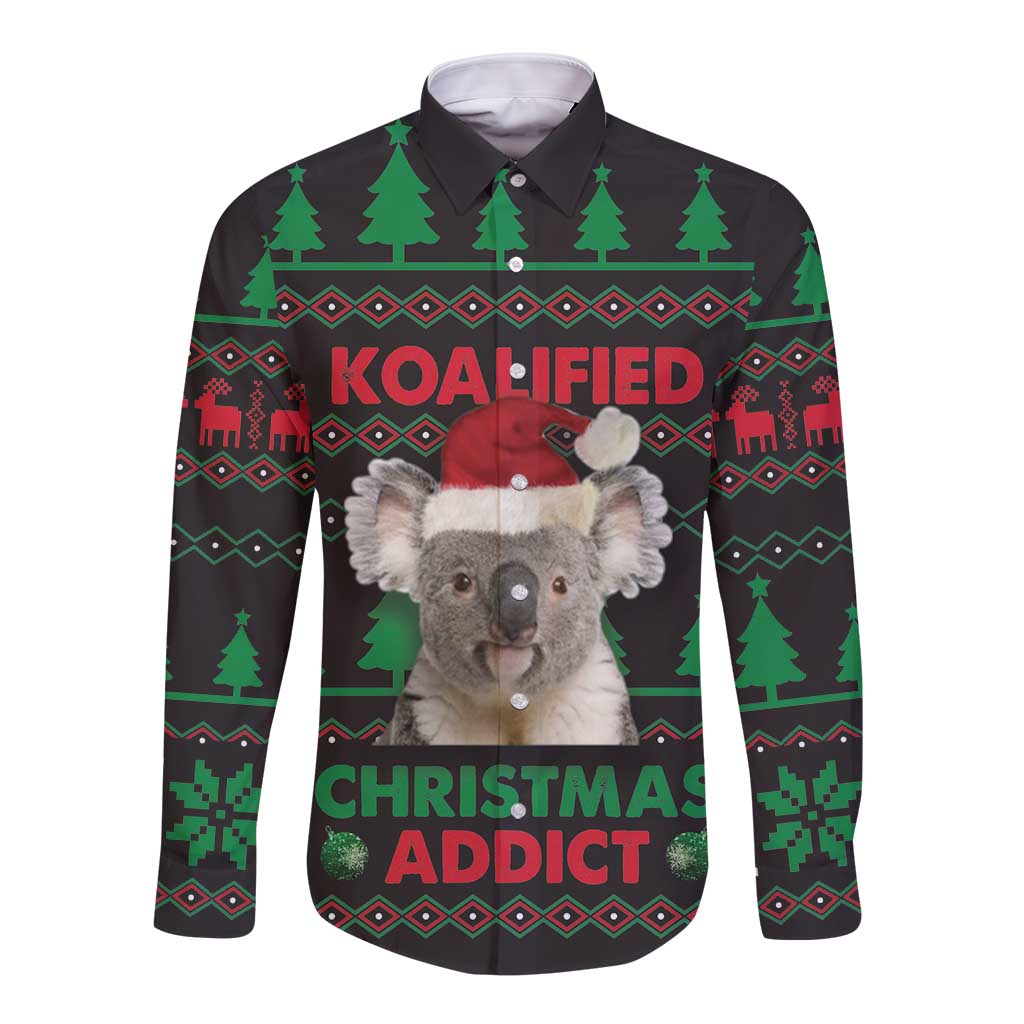 Black long-sleeve button shirt with koala, Koalified, and Christmas Addict graphic