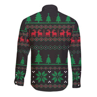 Black long-sleeve button shirt with holiday tree, snowflake, and festive pattern on back