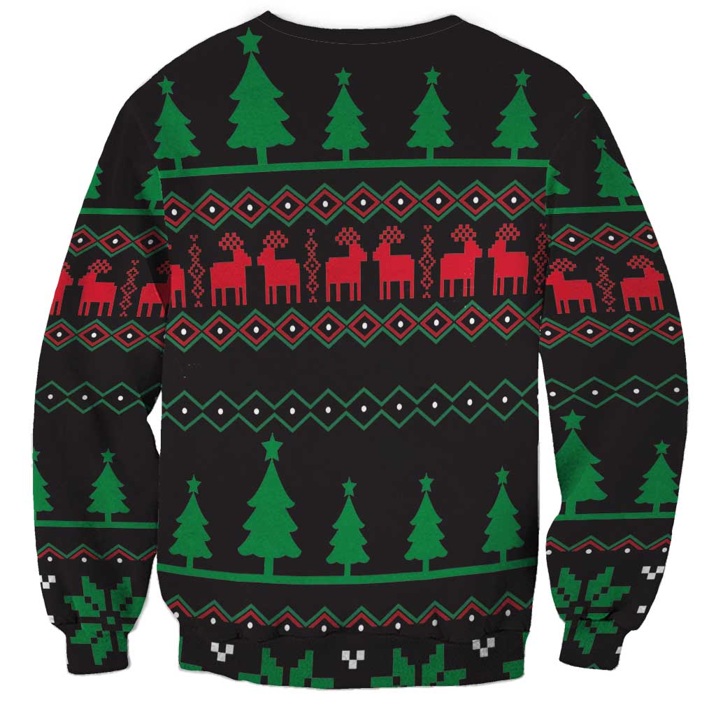 Black unisex crewneck sweatshirt with green tree, red house pattern and holiday icons