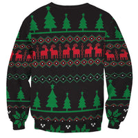 Black unisex crewneck sweatshirt with green tree, red house pattern and holiday icons
