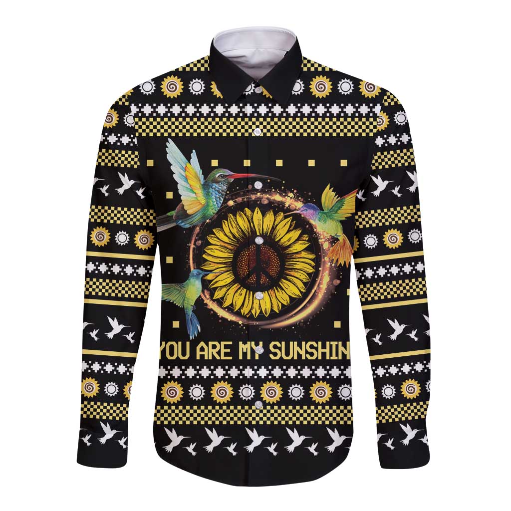 Unisex black long-sleeve button shirt with sunflower, hummingbird and checker print