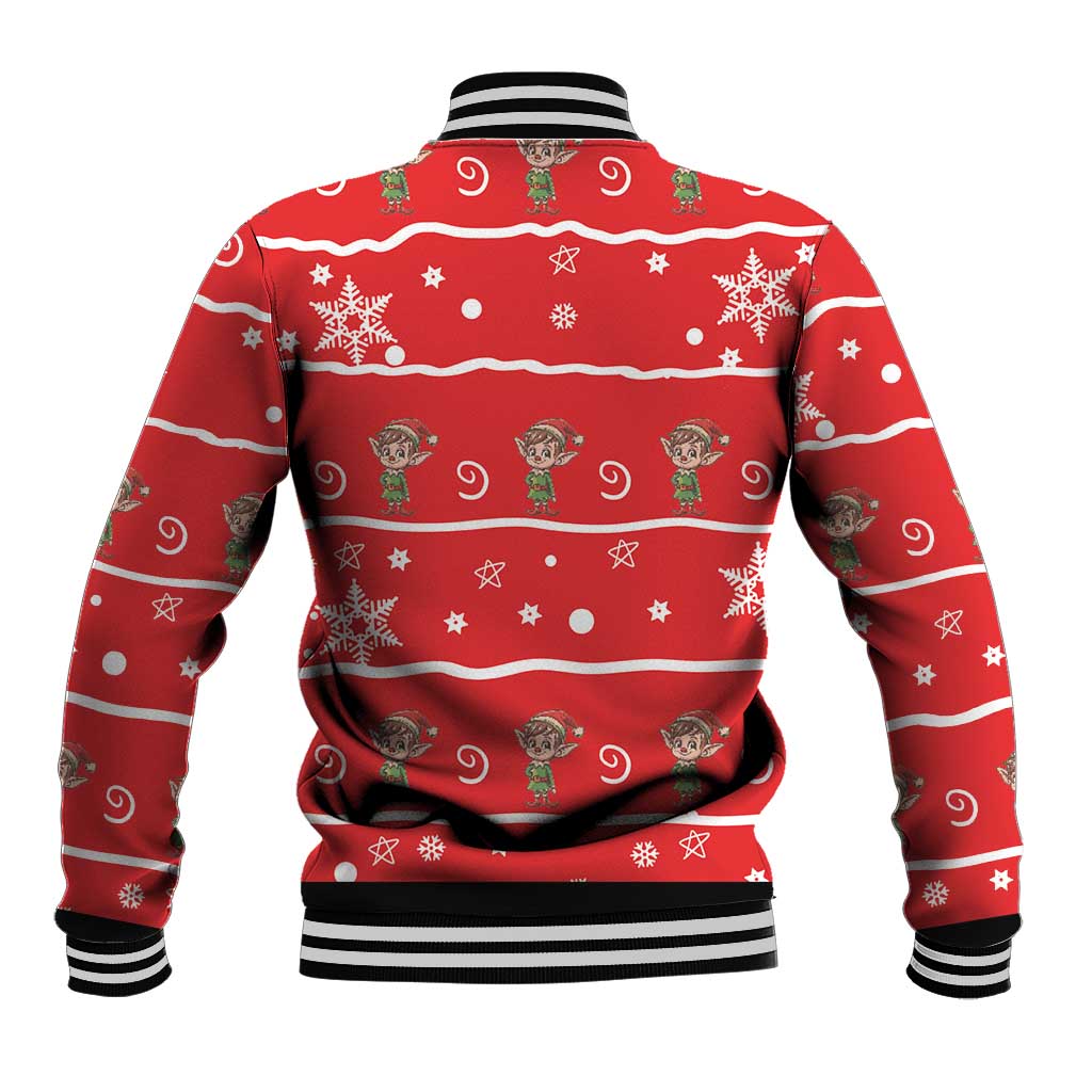 Red baseball jacket back with repeating gnome and snowflake pattern, ribbed cuffs.