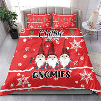 Red duvet and pillow set featuring “Chillin with my Gnomies” and three cartoon gnomes