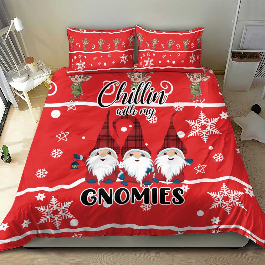 Red Christmas gnomes duvet with “Chillin with my” lettering and two matching pillowcases