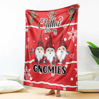 Red Christmas gnomies blanket with “Chillin with my Gnomies” text and snowflake trim