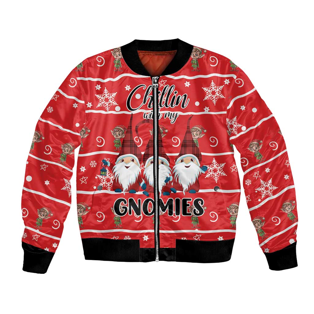 Red unisex bomber jacket with gnomes front graphic, zipper, black rib trim