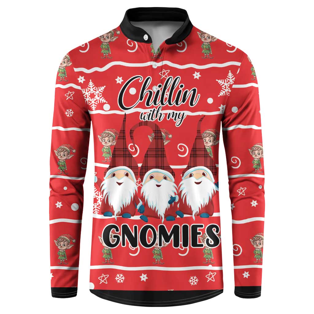 Red long-sleeve gnome sweatshirt with black collar, 'Chillin with my Gnomies' front