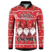 Red long-sleeve gnome sweatshirt with black collar, 'Chillin with my Gnomies' front