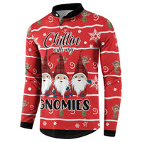 Red gnome button sweatshirt with 'Chillin with my Gnomies' text and three gnomes
