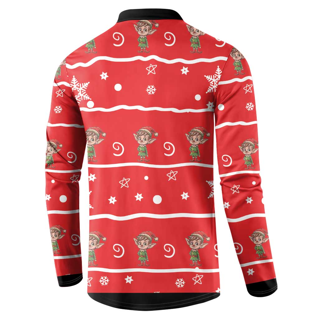 Red button sweatshirt back with repeating gnome faces, stars, snowflakes, and candy-stripe bands