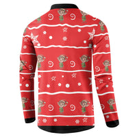 Red button sweatshirt back with repeating gnome faces, stars, snowflakes, and candy-stripe bands