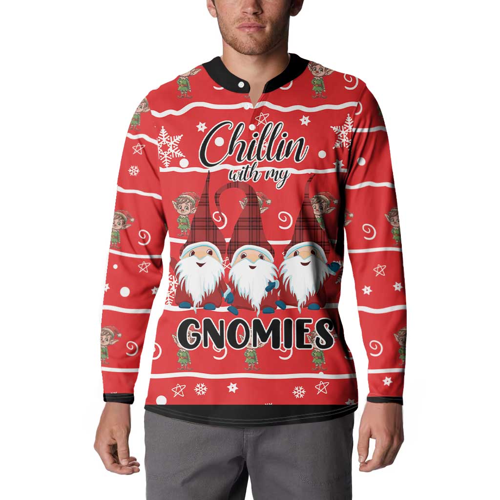 Red long-sleeve gnome sweatshirt with black trim, 'Chillin with my Gnomies' and GNOMIES