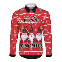 Red long-sleeve button shirt with gnomes graphic and winter snowflake pattern