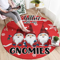 Round red Christmas gnome rug with 'GNOMIES' lettering and cartoon gnomes