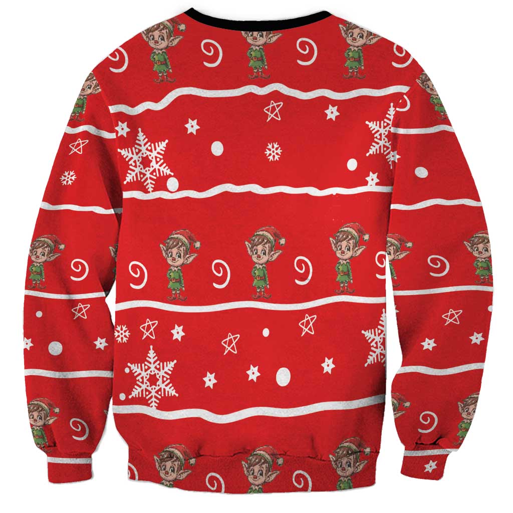 Red unisex Christmas sweatshirt with repeating gnome, snowflake, star and swirl pattern