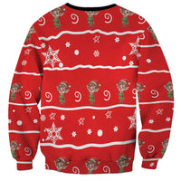 Red unisex Christmas sweatshirt with repeating gnome, snowflake, star and swirl pattern