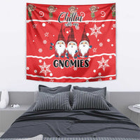 Red Christmas tapestry featuring three gnomes with white beards and GNOMIES lettering