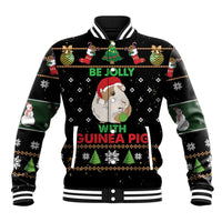 Black unisex baseball jacket with holiday guinea pig graphic and 'Be Jolly' lettering