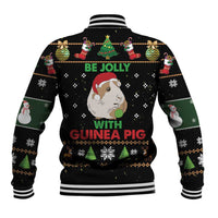 Black unisex baseball jacket with holiday back print of guinea pig face and 'Be Jolly'