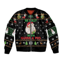 Black unisex Christmas bomber jacket with guinea pig graphic, zipper front