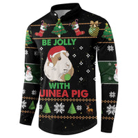 Black long-sleeve button sweatshirt with centered guinea pig 'Be Jolly' and 'With Guinea Pig' design