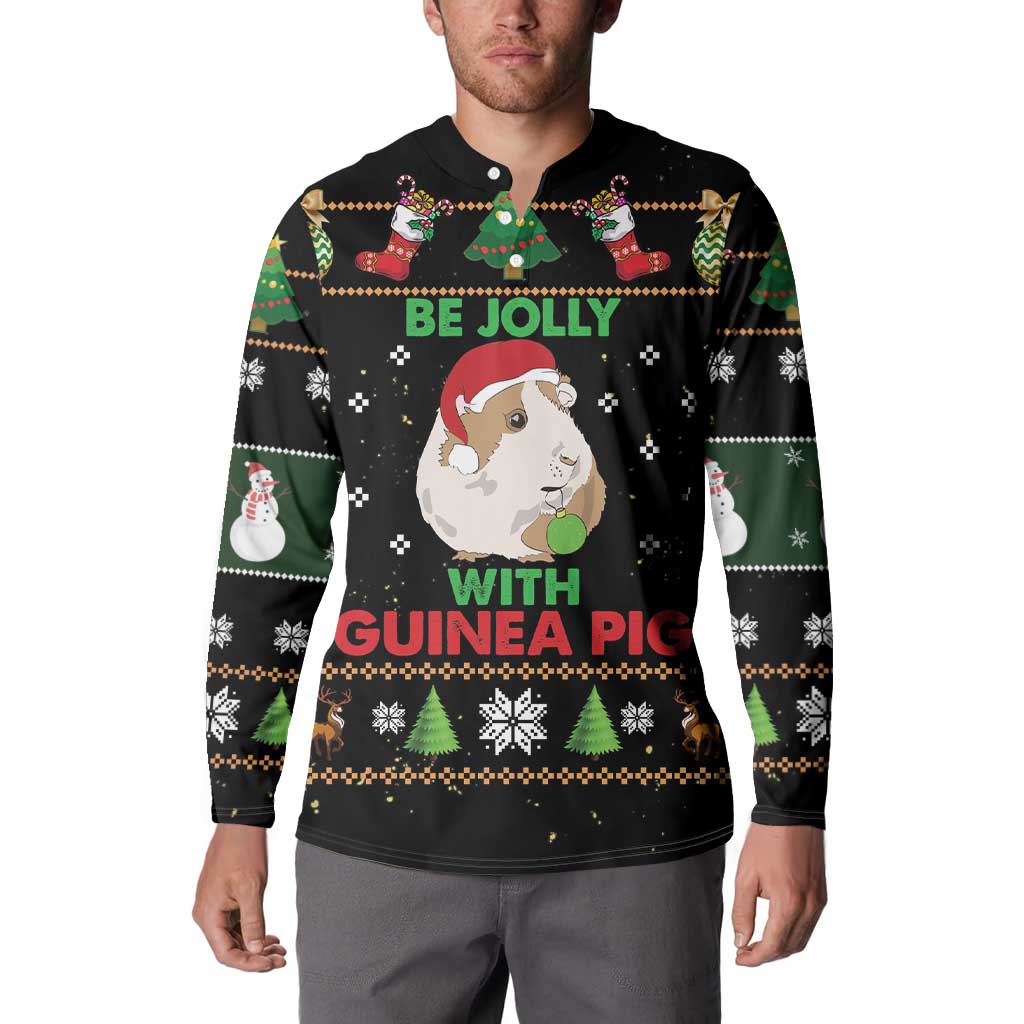 Black button henley sweatshirt on model with guinea pig Christmas 'With Guinea Pig' print