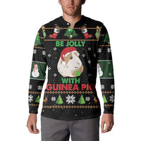Black button henley sweatshirt on model with guinea pig Christmas 'With Guinea Pig' print