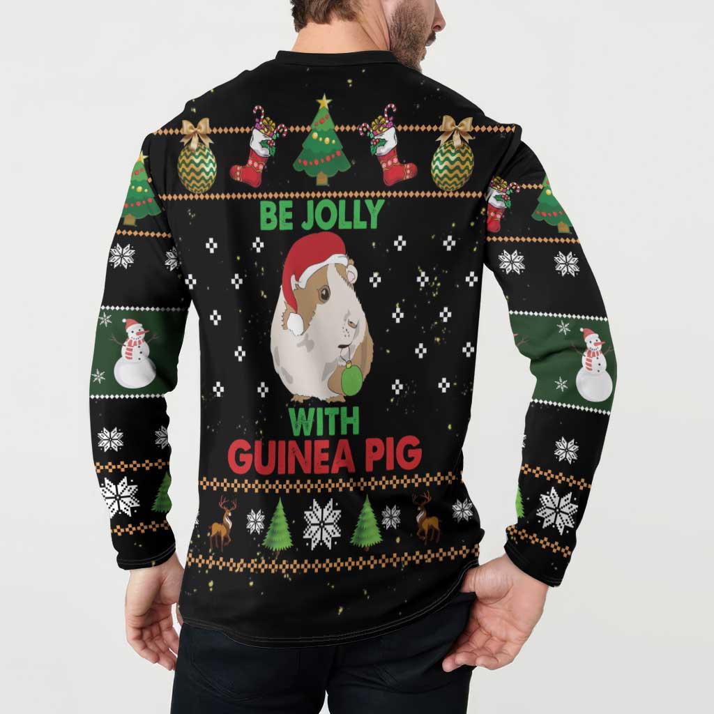 Black button henley sweatshirt back view with guinea pig Christmas holiday pattern and 'Be Jolly'