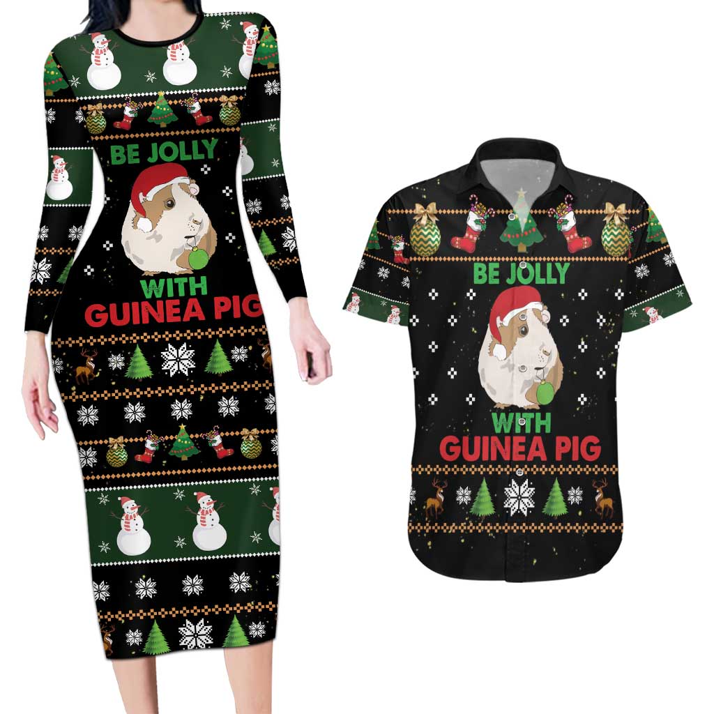 Guinea Pig Christmas Couples Matching Long Sleeve Bodycon Dress and Hawaiian Shirt Be Jolly With Guinea Pig - Wonder Print Shop