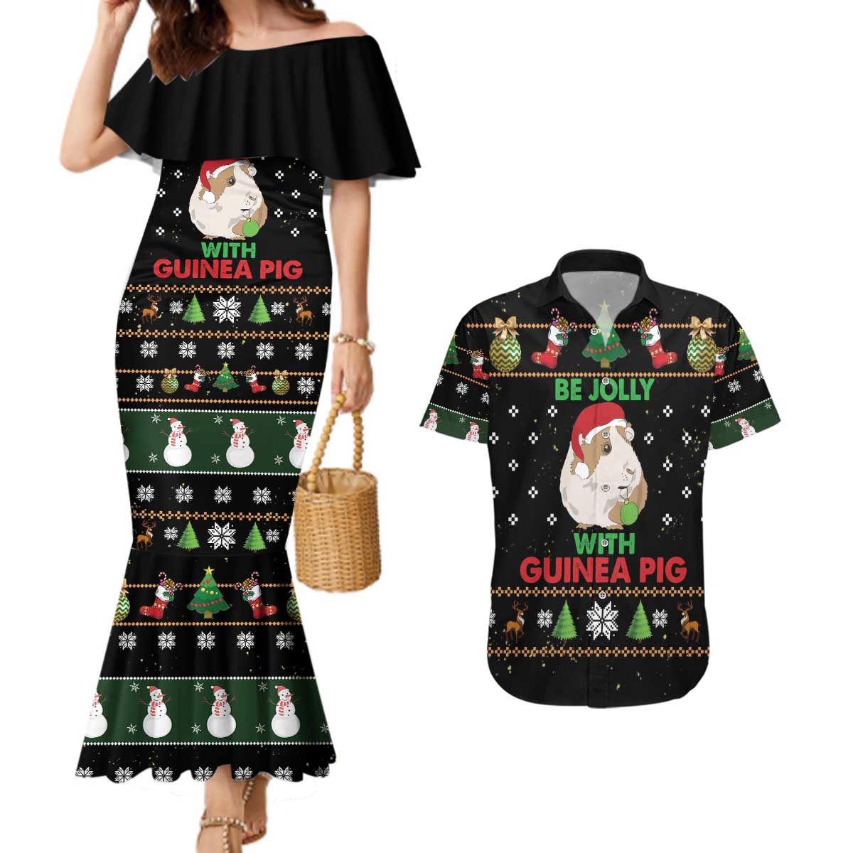 Guinea Pig Christmas Couples Matching Mermaid Dress and Hawaiian Shirt Be Jolly With Guinea Pig - Wonder Print Shop