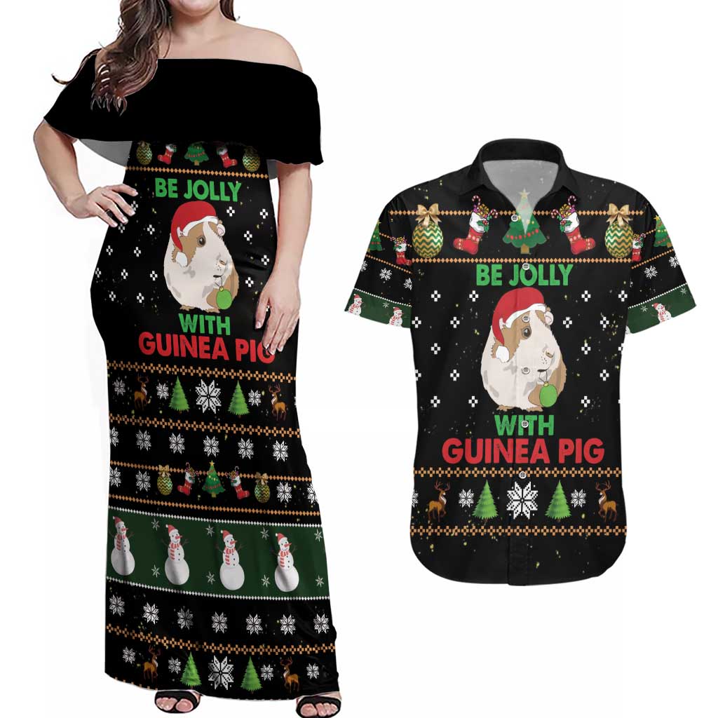 Guinea Pig Christmas Couples Matching Off Shoulder Maxi Dress and Hawaiian Shirt Be Jolly With Guinea Pig - Wonder Print Shop