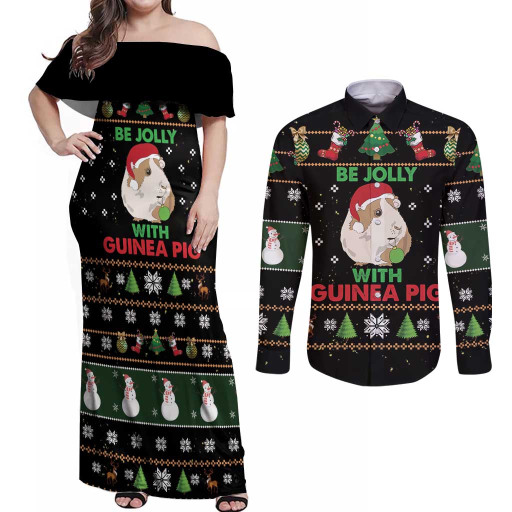 Guinea Pig Christmas Couples Matching Off Shoulder Maxi Dress and Long Sleeve Button Shirt Be Jolly With Guinea Pig - Wonder Print Shop