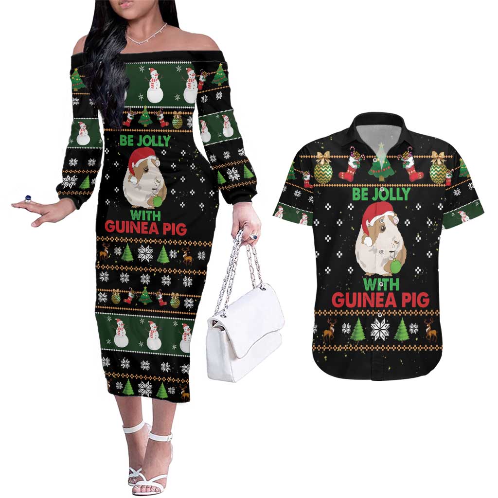 Guinea Pig Christmas Couples Matching Off The Shoulder Long Sleeve Dress and Hawaiian Shirt Be Jolly With Guinea Pig - Wonder Print Shop