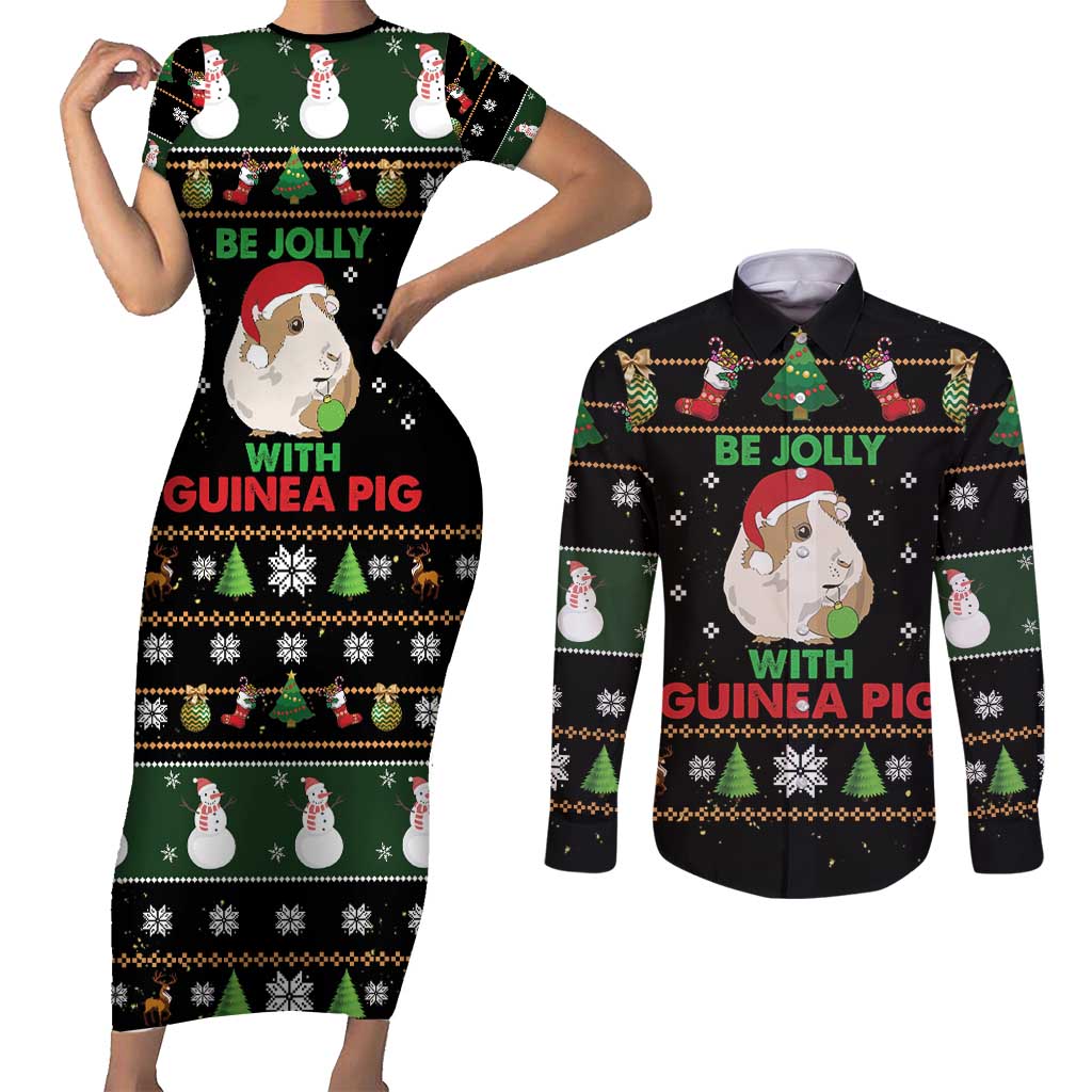 Guinea Pig Christmas Couples Matching Short Sleeve Bodycon Dress and Long Sleeve Button Shirt Be Jolly With Guinea Pig - Wonder Print Shop